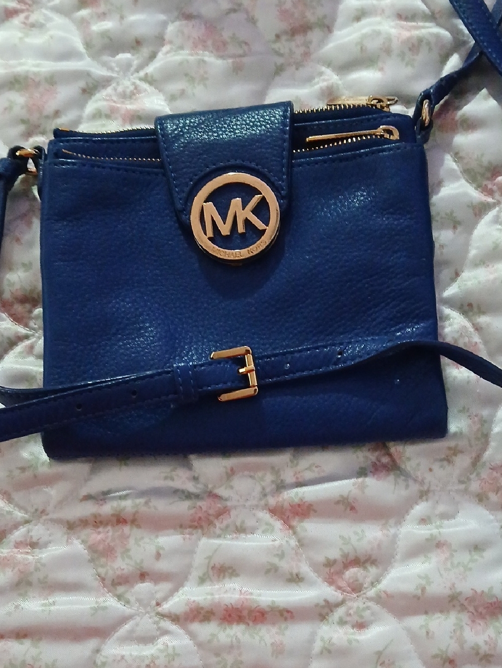 Michael Kors Royal Blue Pebbled Leather Crossbody with Gold MK Emblem